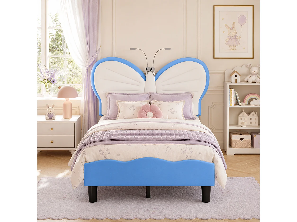 Lit Simple 90x200 cm avec Lampes LED, Lit Enfant Capitonné avec Tête de Lits réglable en Forme de Papillon et Lattes en Velours, sans Matelas, Bleu