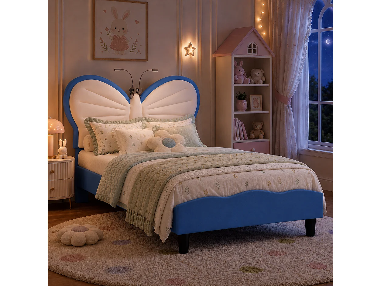 Lit Simple 90x200 cm avec Lampes LED, Lit Enfant Capitonné avec Tête de Lits réglable en Forme de Papillon et Lattes en Velours, sans Matelas, Bleu