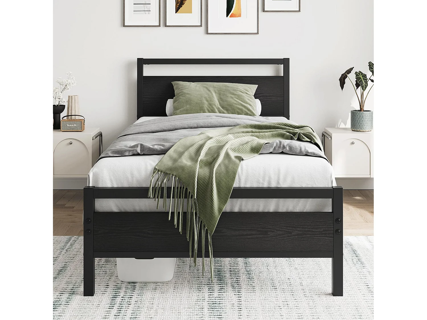 Lit enfant 90x200 cm en métal noir avec sommier à lattes