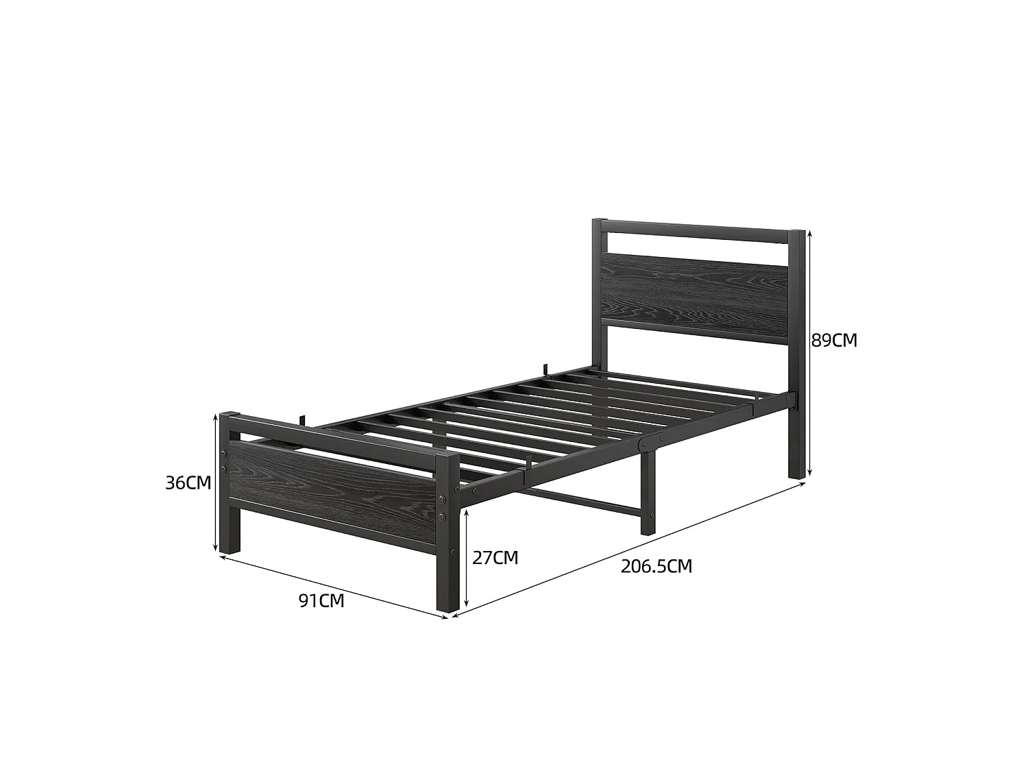 Lit enfant 90x200 cm en métal noir avec sommier à lattes