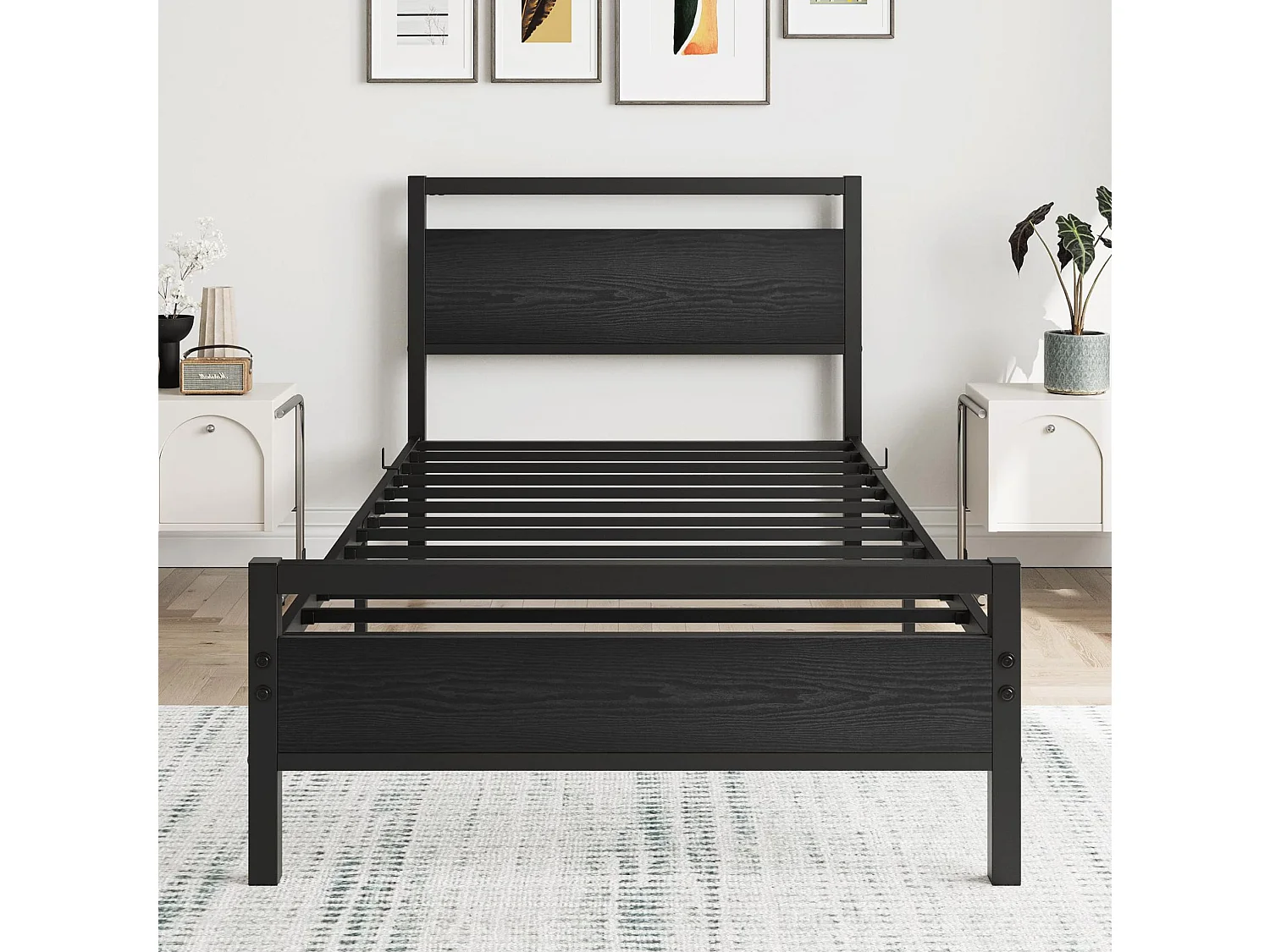 Lit enfant 90x200 cm en métal noir avec sommier à lattes