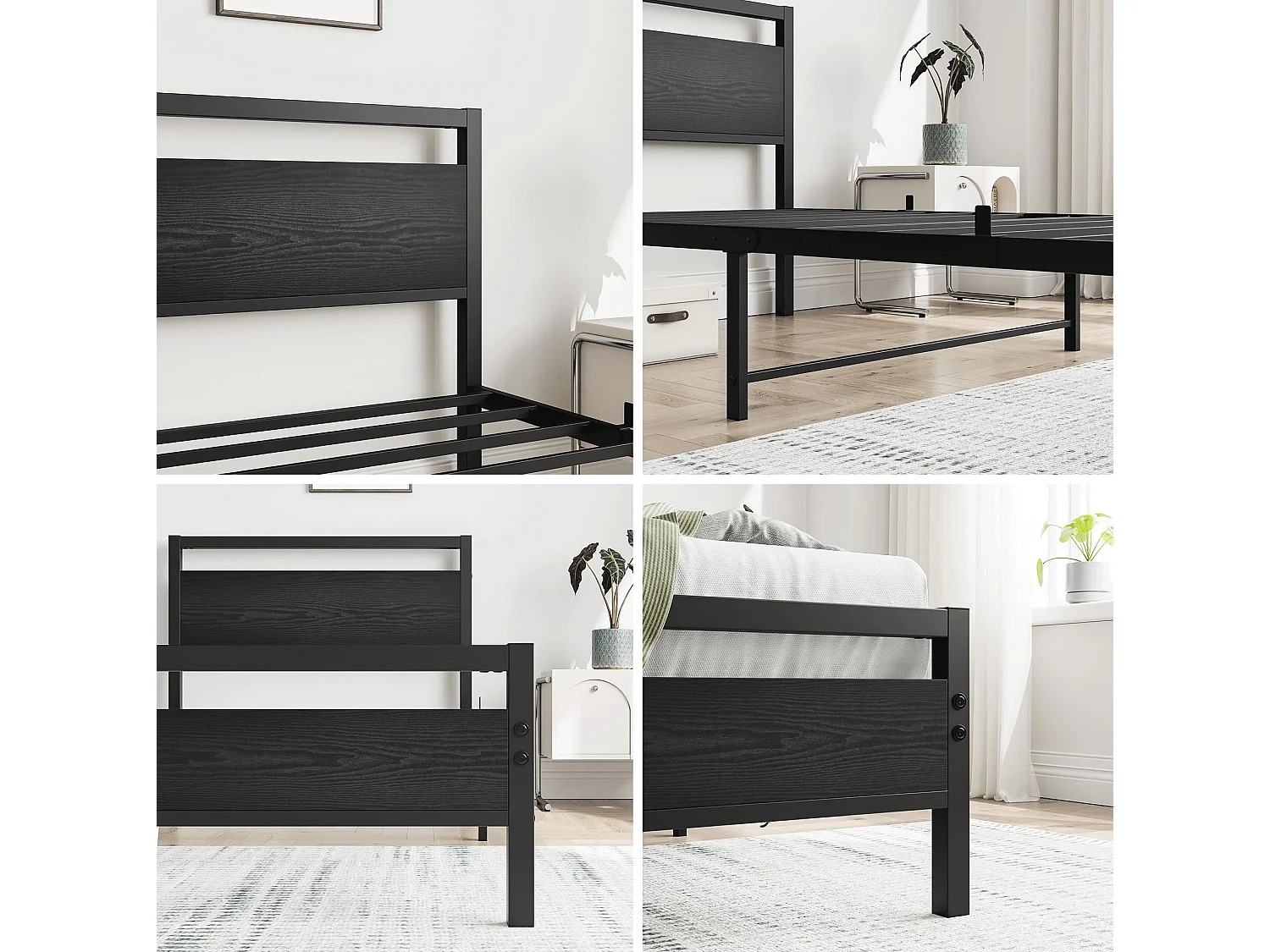 Lit enfant 90x200 cm en métal noir avec sommier à lattes