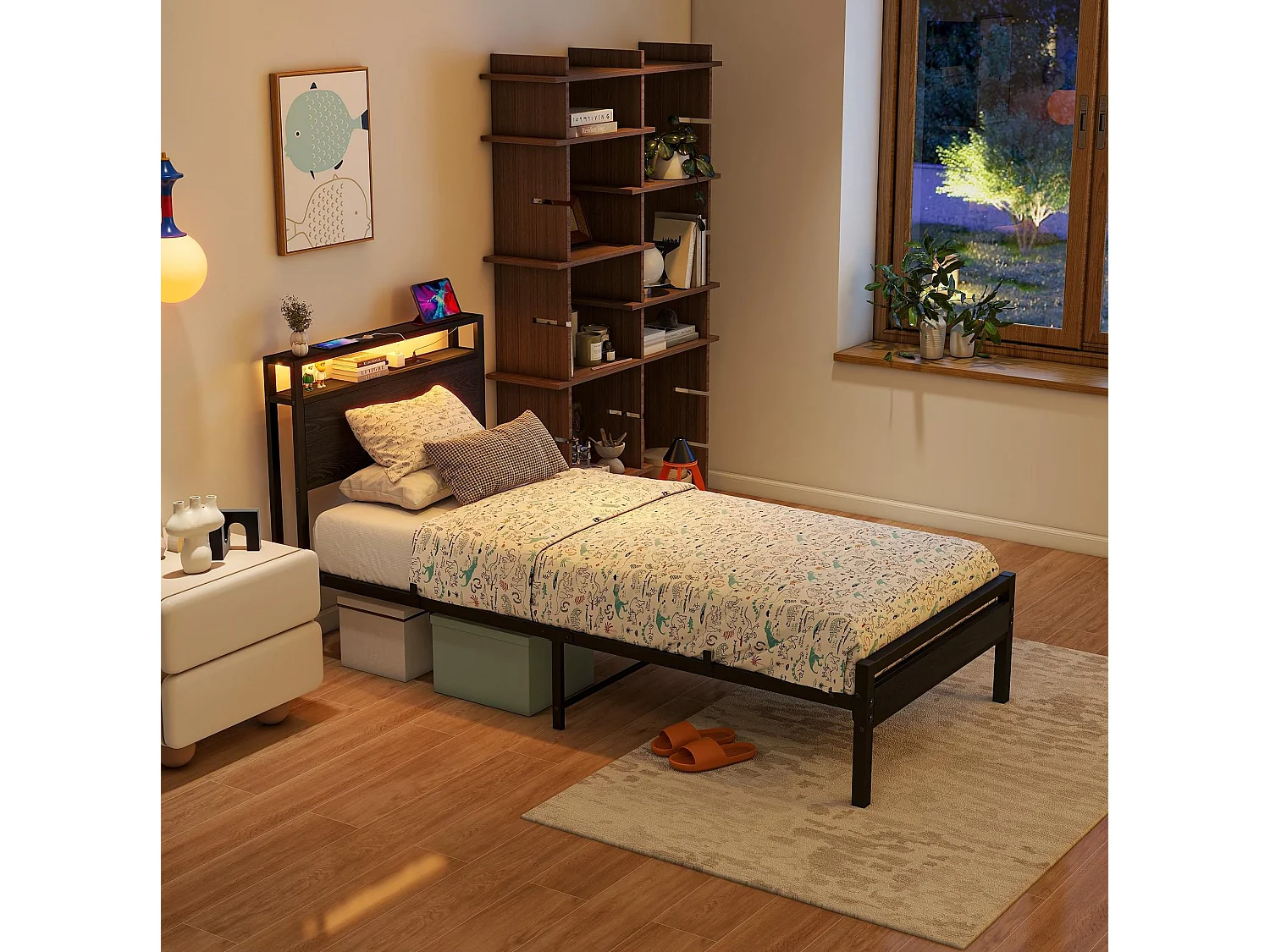Kinderbed 90x200 cm met USB, LED en opbergruimte - MDF en zwart metaal