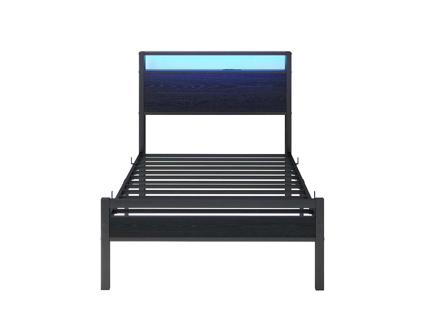Kinderbed 90x200 cm met USB, LED en opbergruimte - MDF en zwart metaal