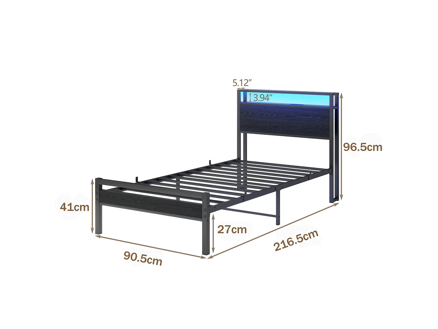 Kinderbed 90x200 cm met USB, LED en opbergruimte - MDF en zwart metaal