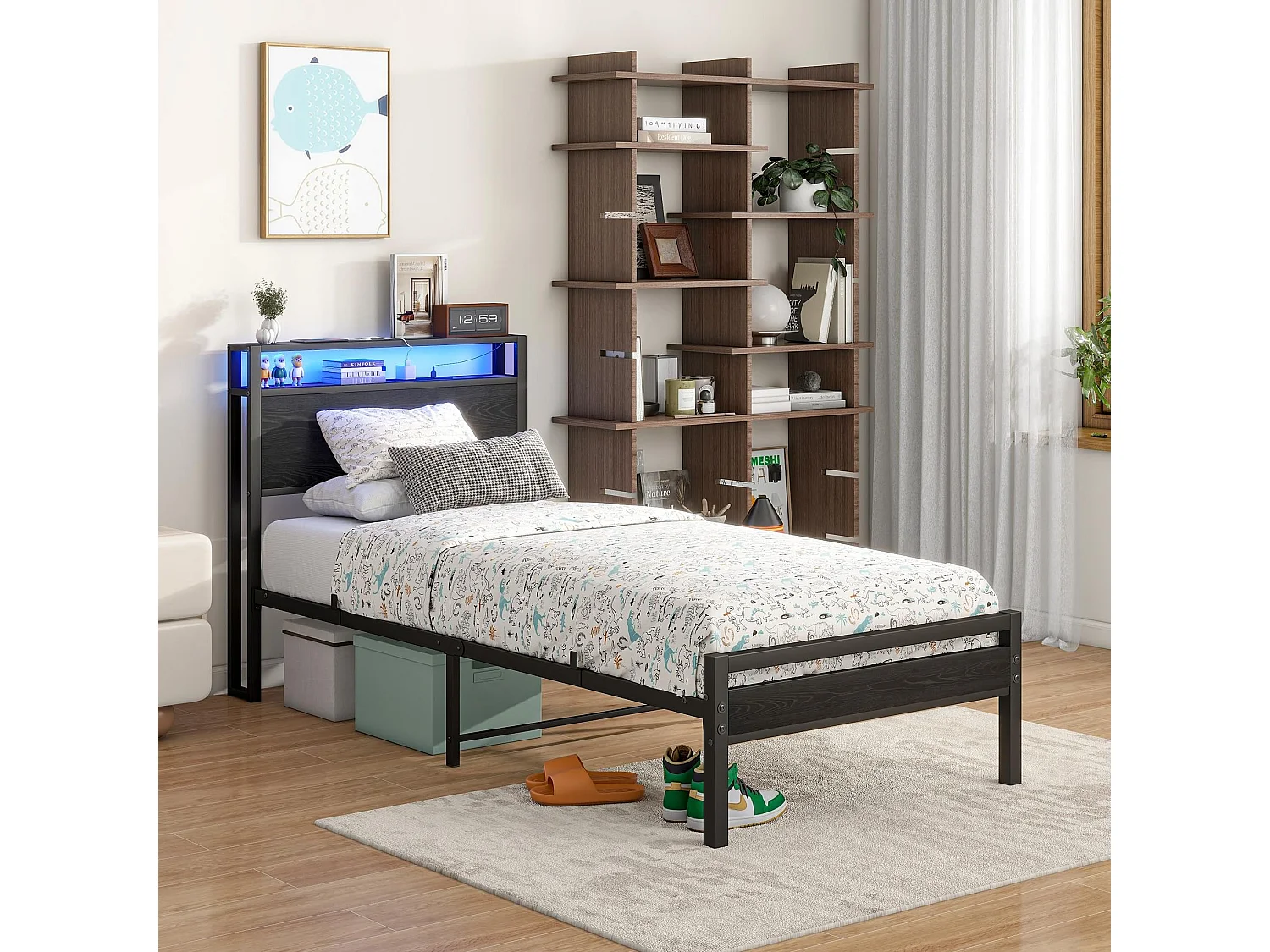Kinderbed 90x200 cm met USB, LED en opbergruimte - MDF en zwart metaal