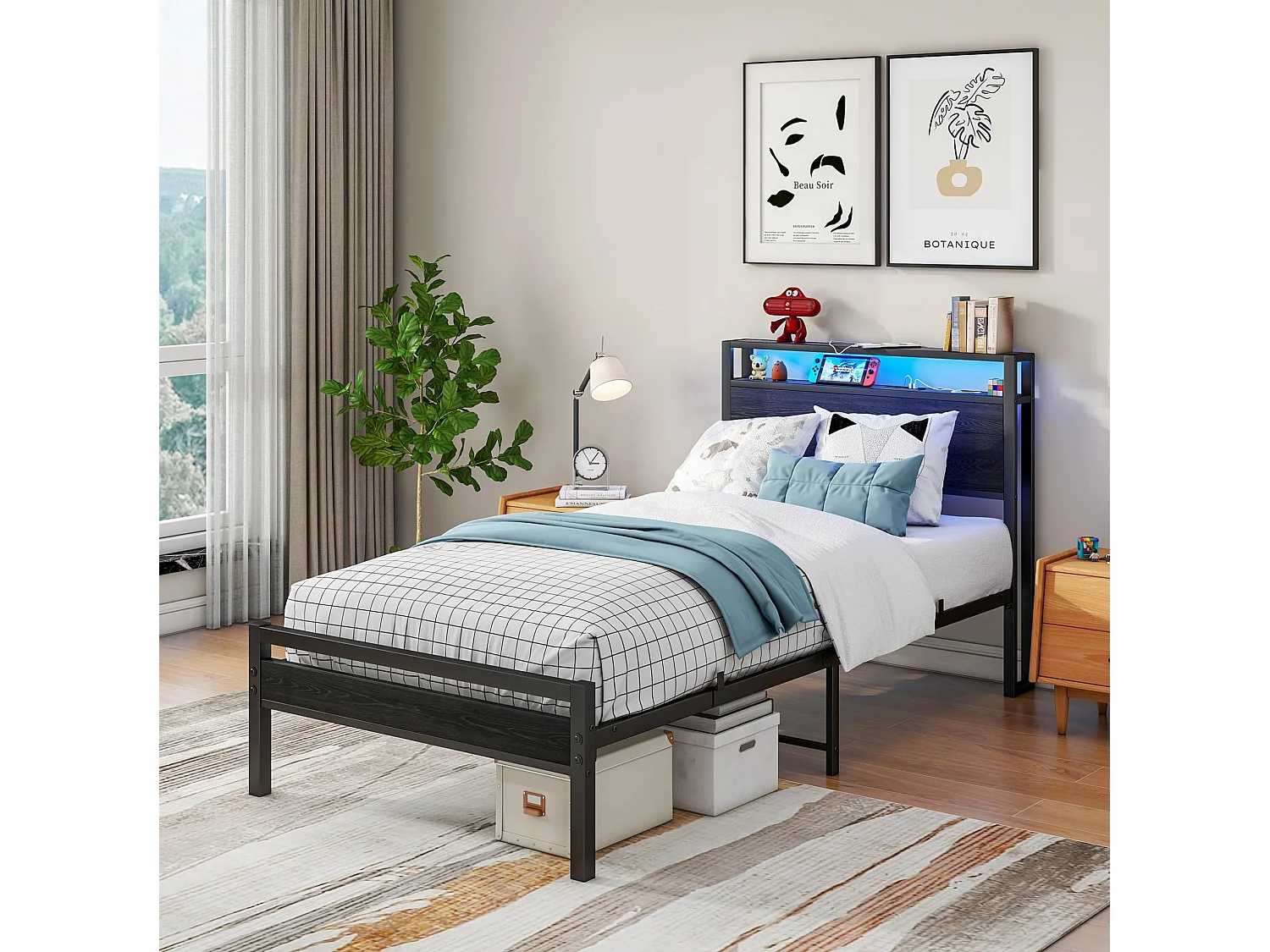 Kinderbed 90x200 cm met USB, LED en opbergruimte - MDF en zwart metaal