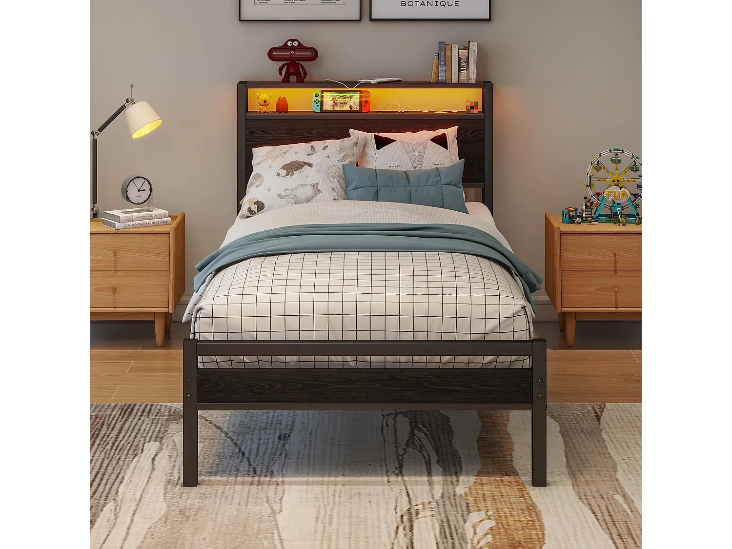 Kinderbed 90x200 cm met USB, LED en opbergruimte - MDF en zwart metaal