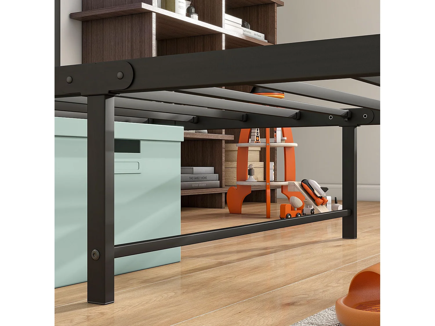 Kinderbed 90x200 cm met USB, LED en opbergruimte - MDF en zwart metaal