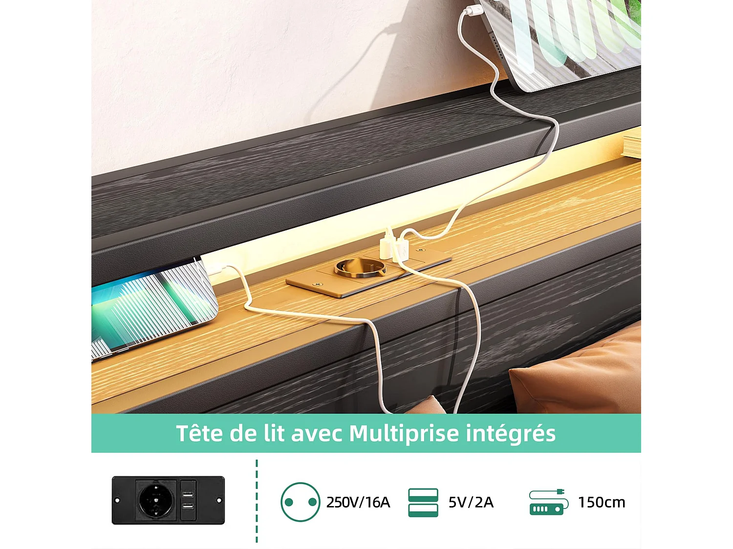 Kinderbed 90x200 cm met USB, LED en opbergruimte - MDF en zwart metaal