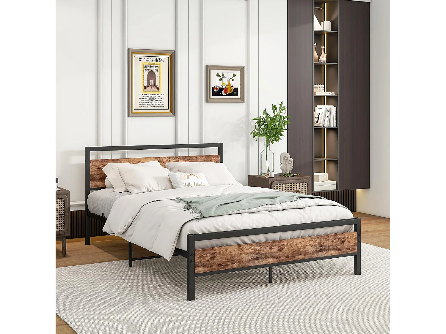 Lit adulte 140x200 cm en métal avec sommier à lattes - Marron