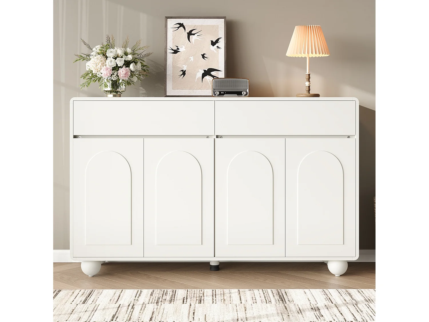 Buffet 140 x 38 x 89 cm avec 2 tiroirs et 4 portes - Lignes courbes - Blanc