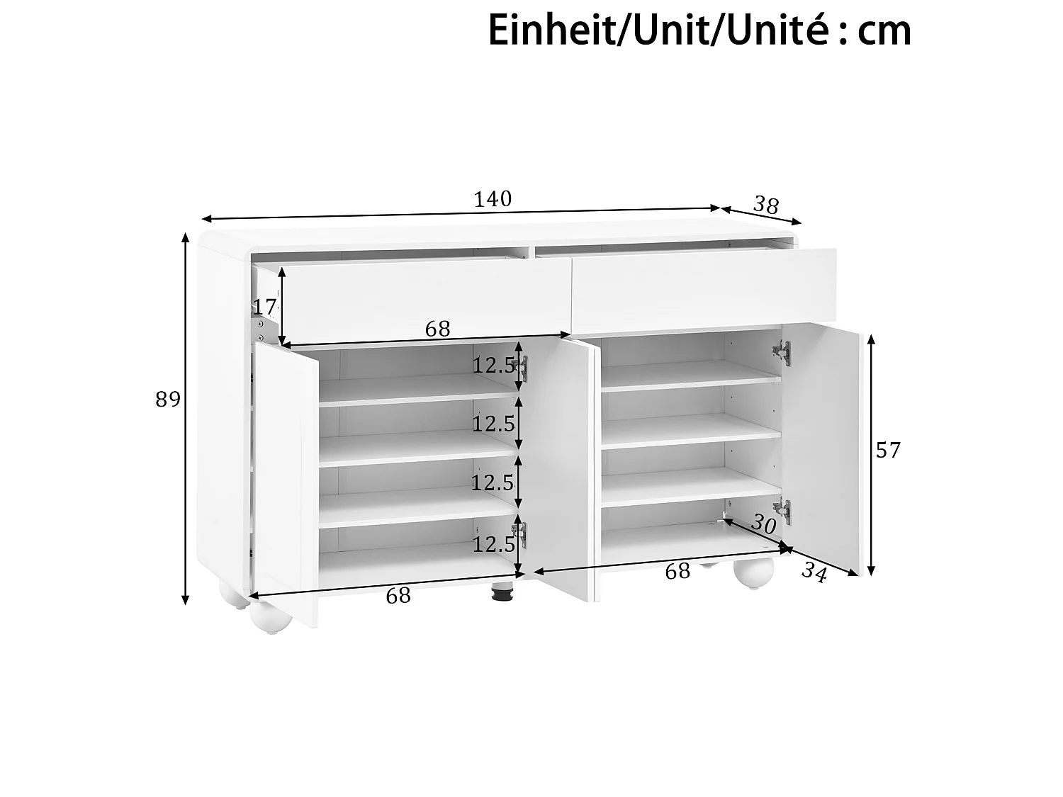 Buffet 140 x 38 x 89 cm avec 2 tiroirs et 4 portes - Lignes courbes - Blanc