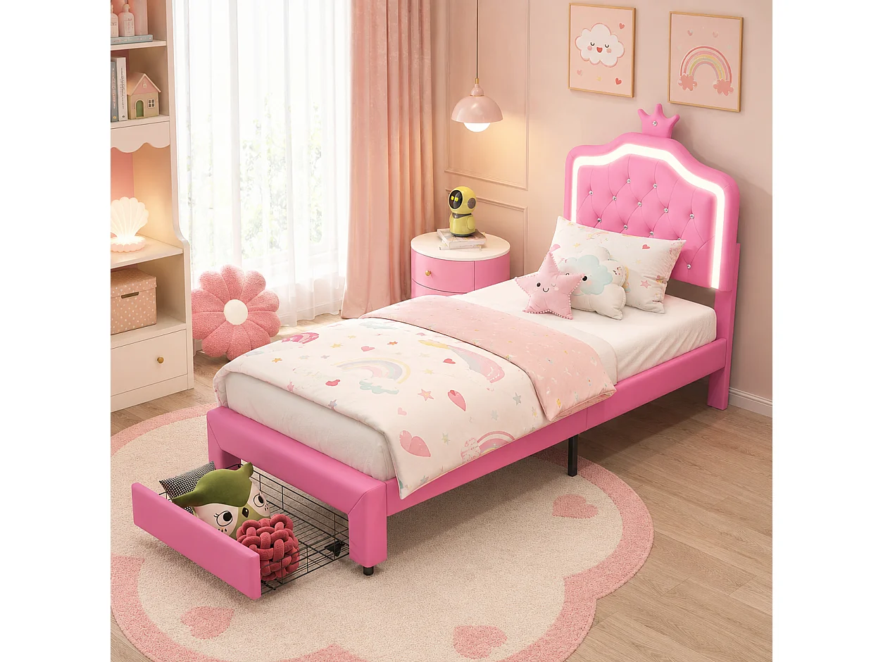 Lit Simple 90x200 cm avec Lampes LED, Lit Enfant avec Tête de Lits réglable en Hauteur et 1 tiroirs, pour Fille en Cuir avec Couronne, PU, Rose