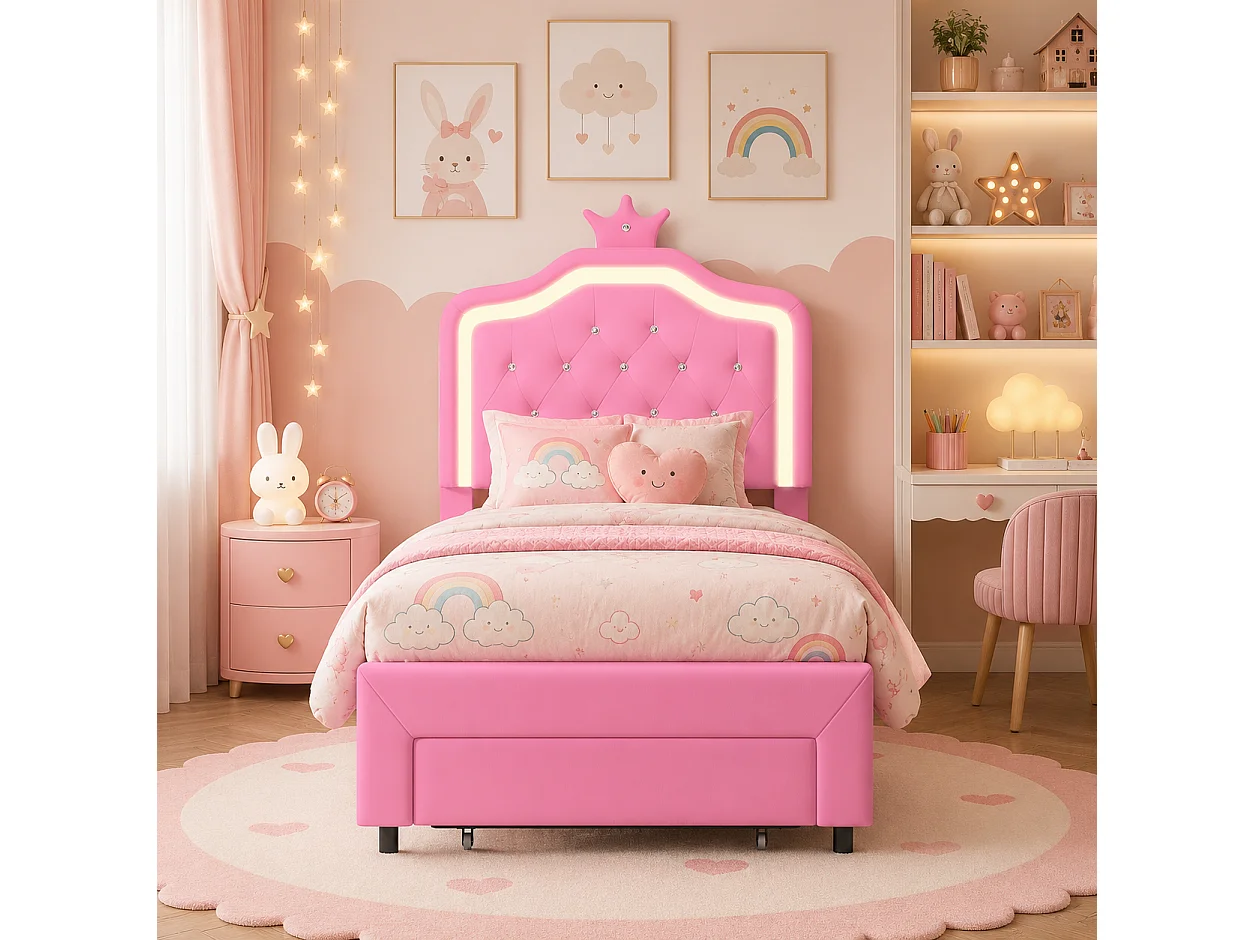 Lit Simple 90x200 cm avec Lampes LED, Lit Enfant avec Tête de Lits réglable en Hauteur et 1 tiroirs, pour Fille en Cuir avec Couronne, PU, Rose