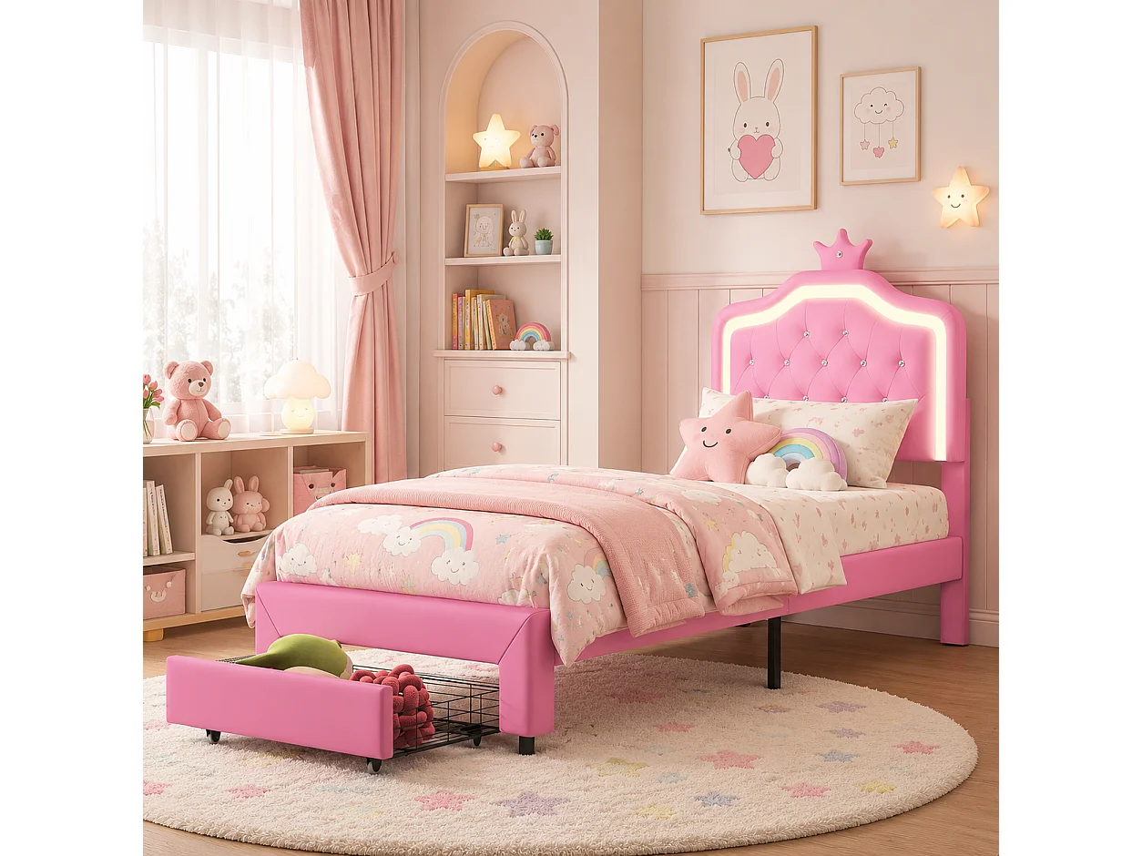 Lit Simple 90x200 cm avec Lampes LED, Lit Enfant avec Tête de Lits réglable en Hauteur et 1 tiroirs, pour Fille en Cuir avec Couronne, PU, Rose