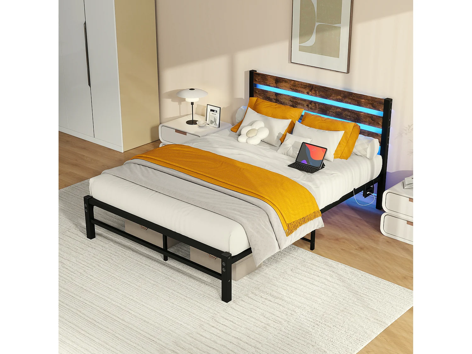 Lit adulte 140x200 cm avec tête de lit, USB et LED - MDF et métal - Noir et marron