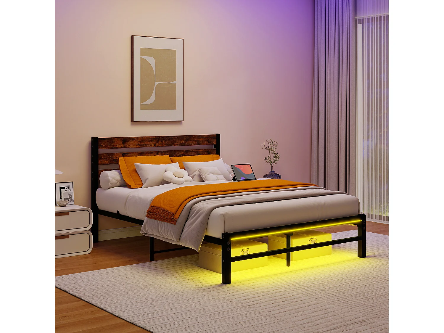 Lit adulte 140x200 cm avec tête de lit, USB et LED - MDF et métal - Noir et marron