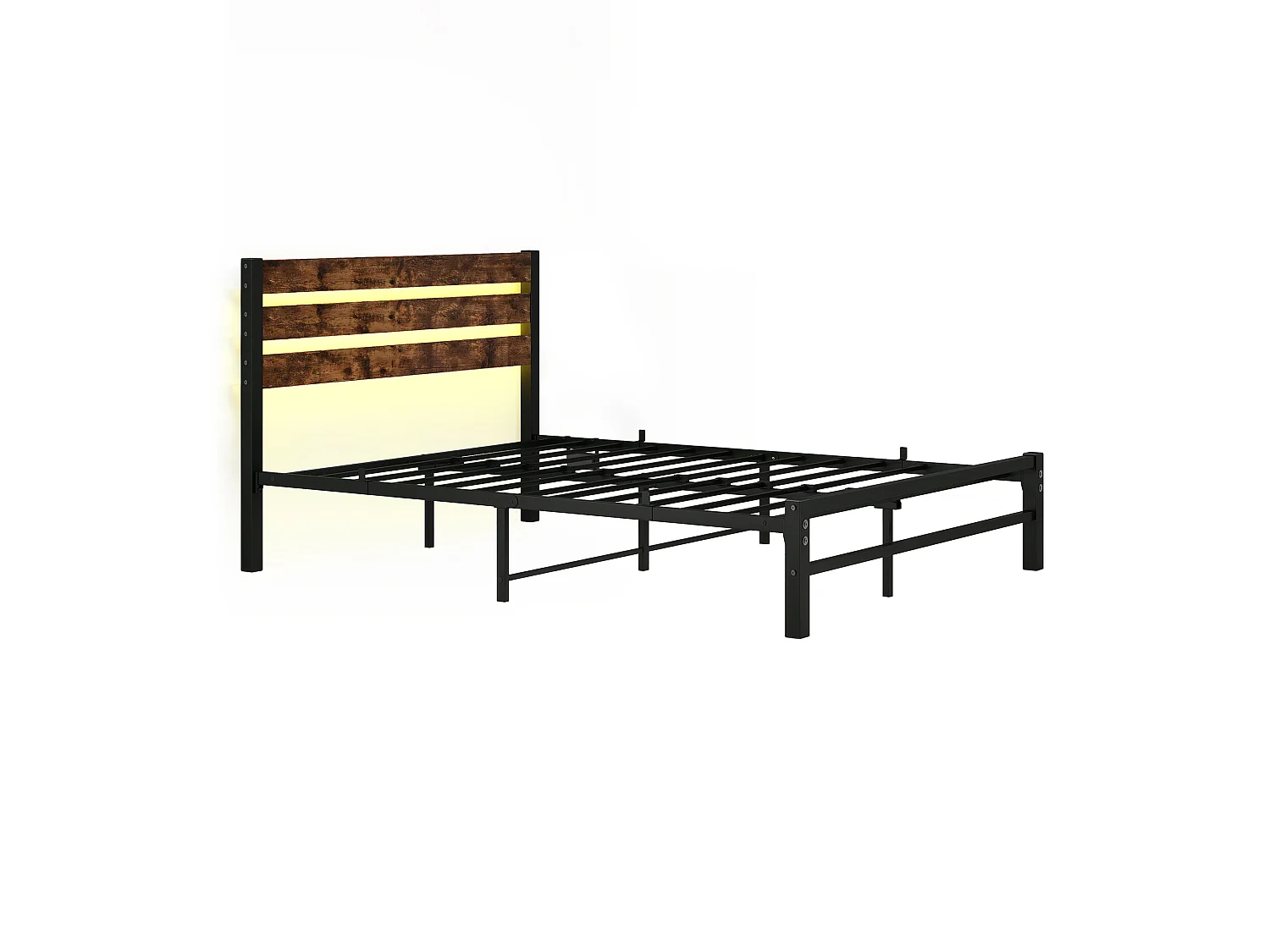 Lit adulte 140x200 cm avec tête de lit, USB et LED - MDF et métal - Noir et marron