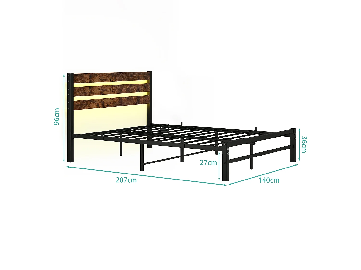 Lit adulte 140x200 cm avec tête de lit, USB et LED - MDF et métal - Noir et marron