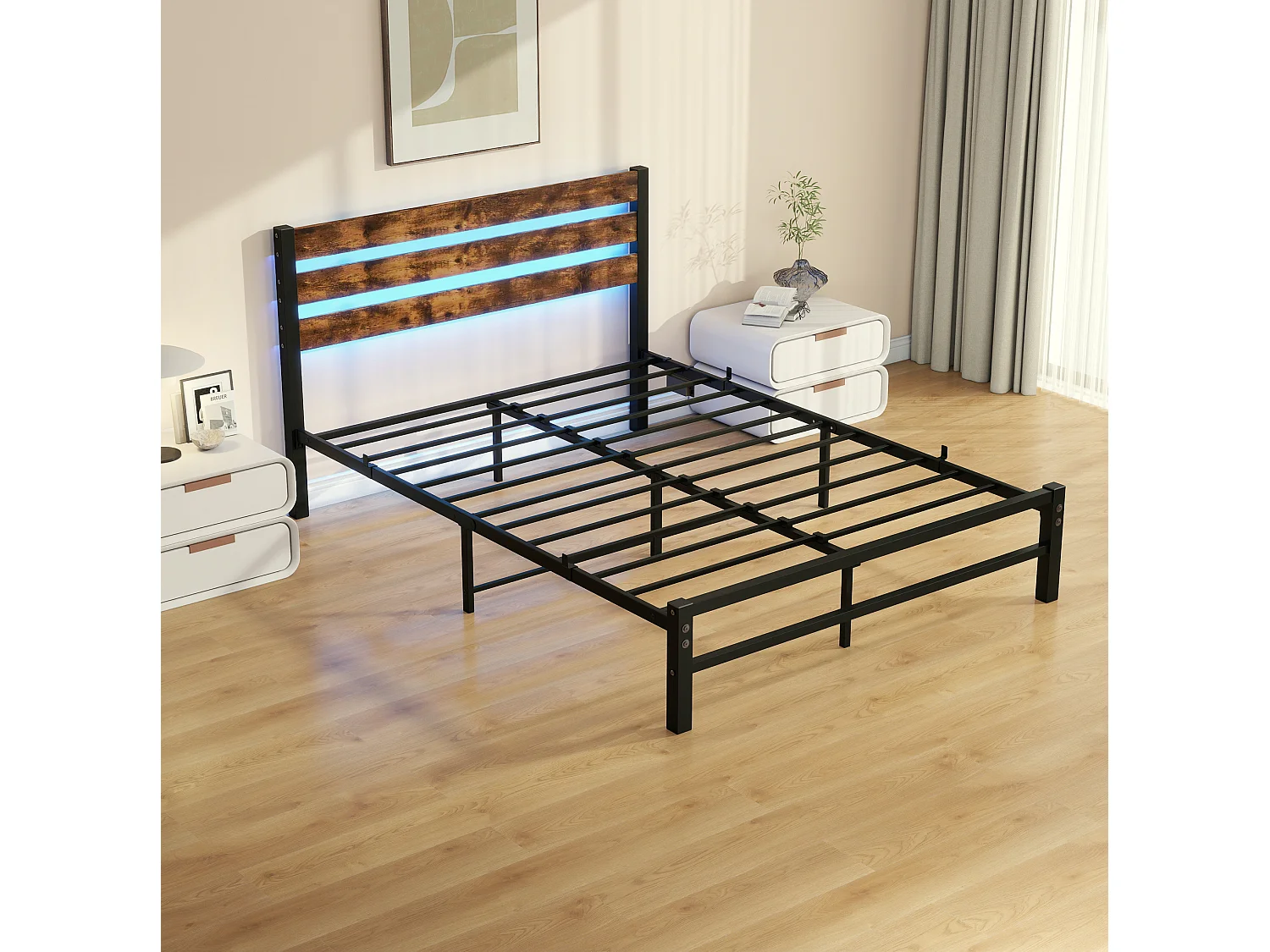 Lit adulte 140x200 cm avec tête de lit, USB et LED - MDF et métal - Noir et marron