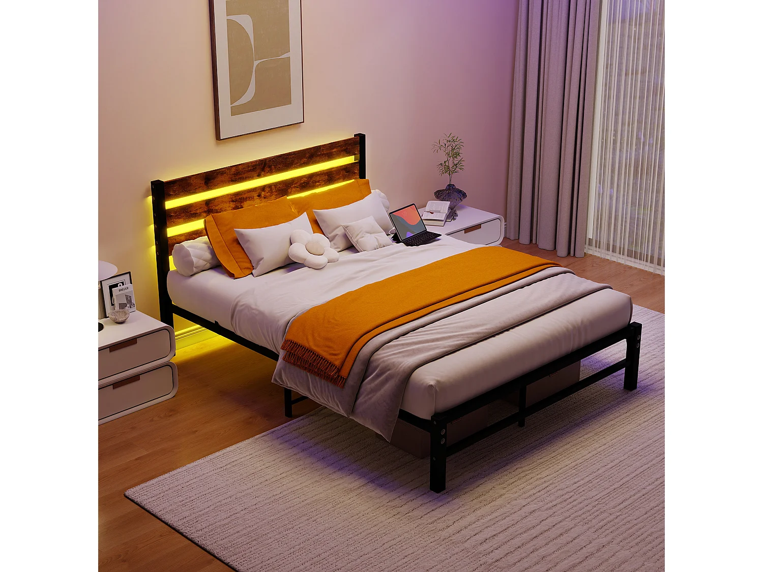 Lit adulte 140x200 cm avec tête de lit, USB et LED - MDF et métal - Noir et marron