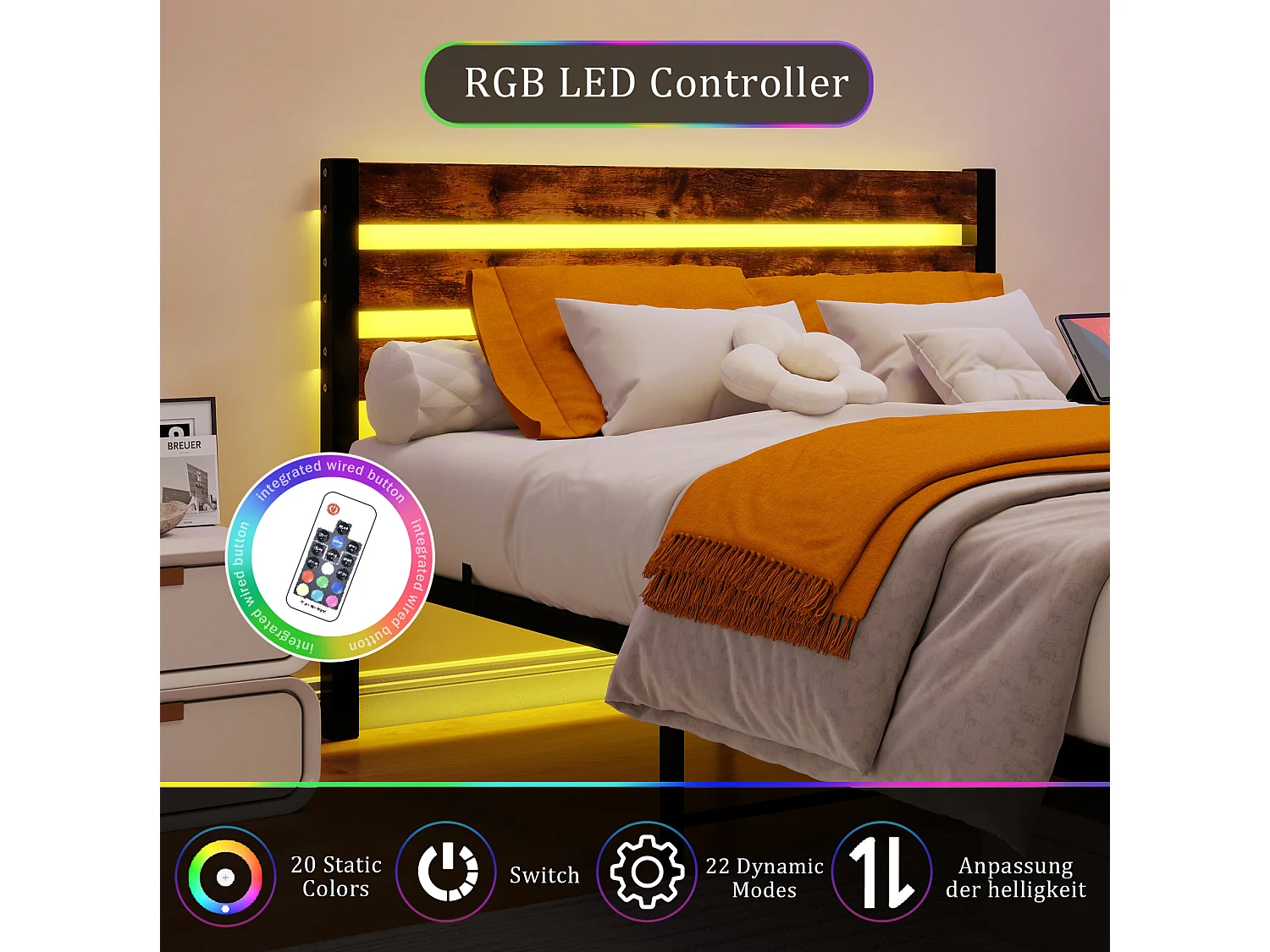 Lit adulte 140x200 cm avec tête de lit, USB et LED - MDF et métal - Noir et marron