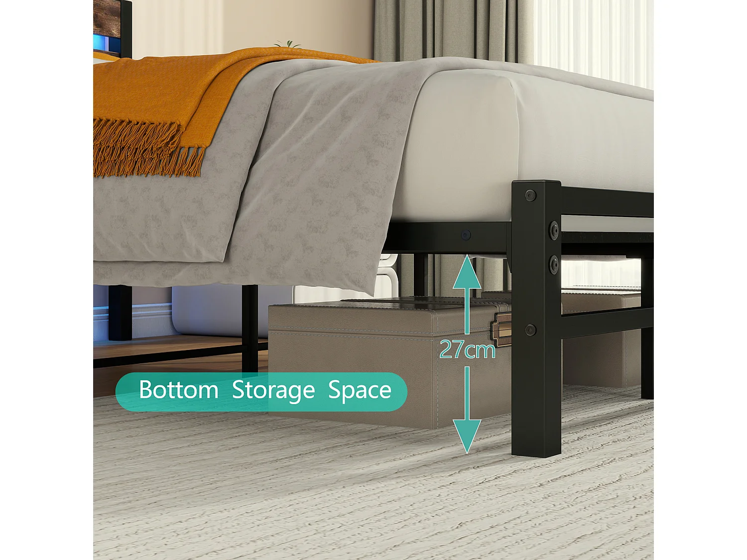 Lit adulte 140x200 cm avec tête de lit, USB et LED - MDF et métal - Noir et marron