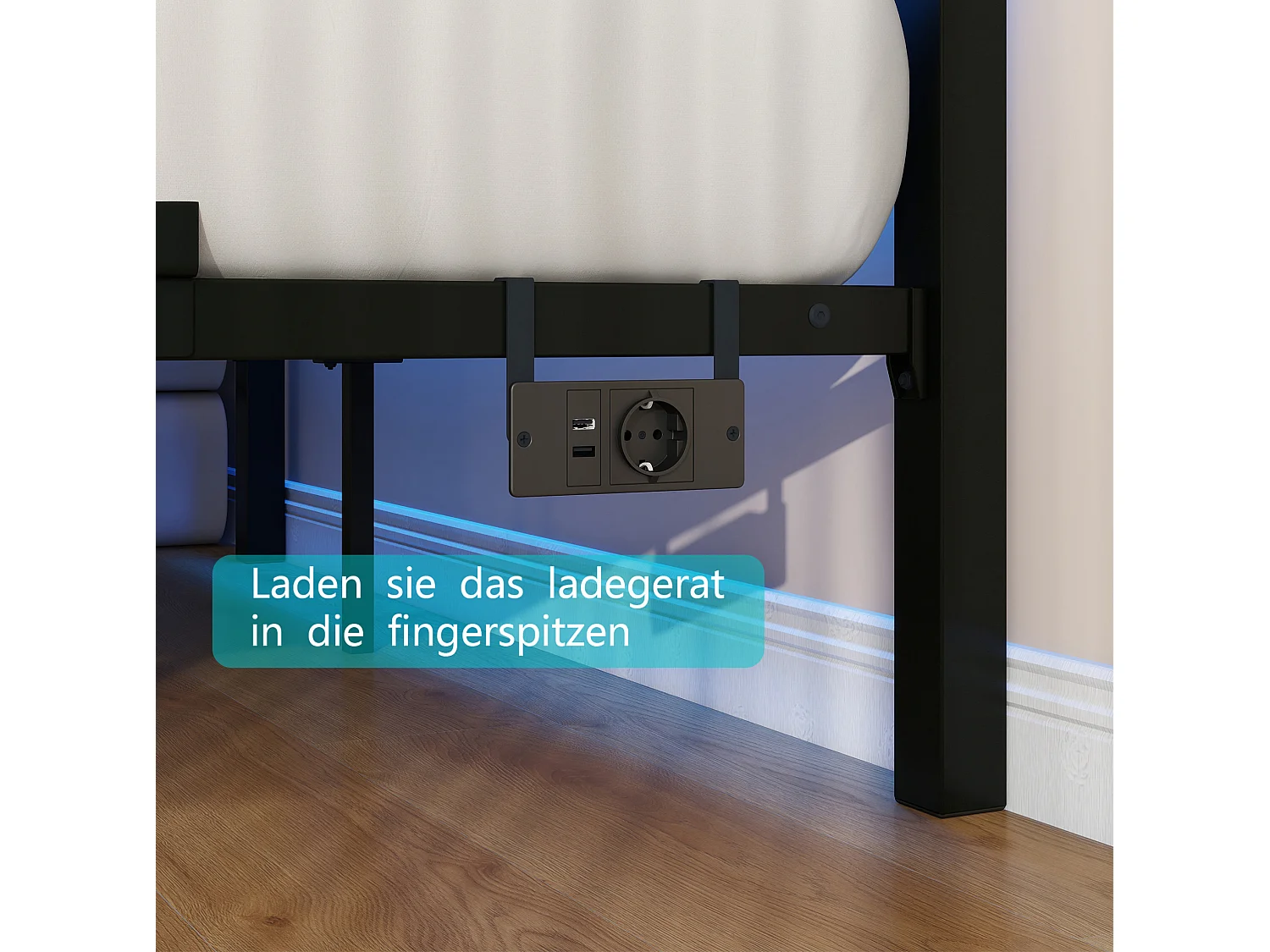 Lit adulte 140x200 cm avec tête de lit, USB et LED - MDF et métal - Noir et marron