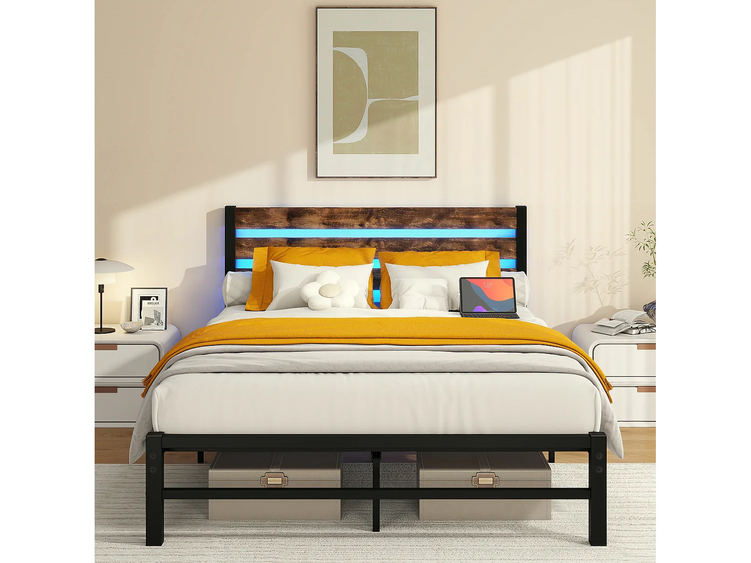 Lit adulte 140x200 cm avec tête de lit, USB et LED - MDF et métal - Noir et marron