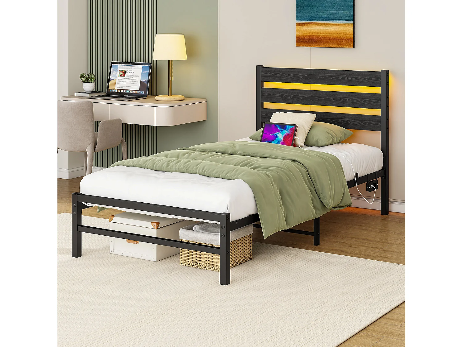 Lit simple 90x200 cm avec tête de lit, USB et LED - MDF et métal - Noir