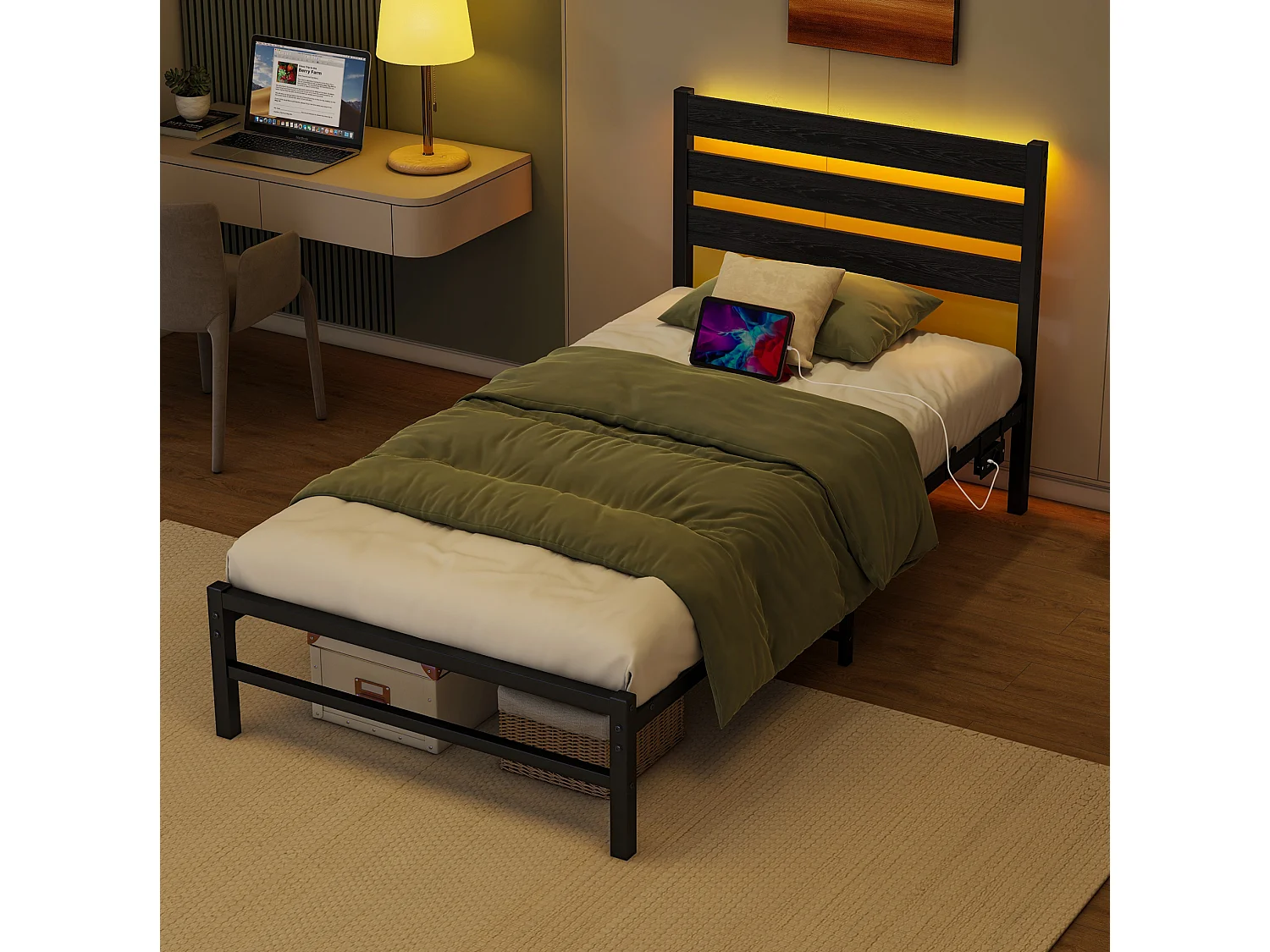 Lit simple 90x200 cm avec tête de lit, USB et LED - MDF et métal - Noir