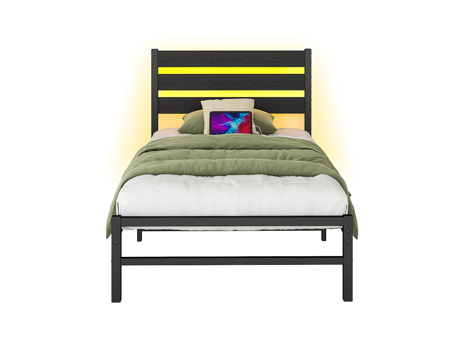 Lit simple 90x200 cm avec tête de lit, USB et LED - MDF et métal - Noir