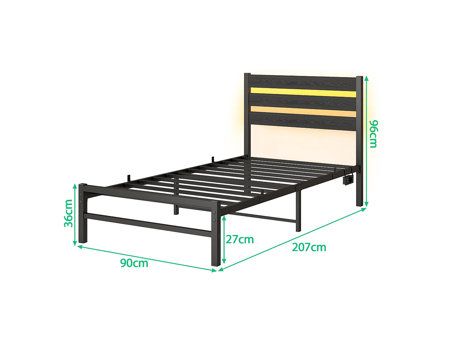 Lit simple 90x200 cm avec tête de lit, USB et LED - MDF et métal - Noir