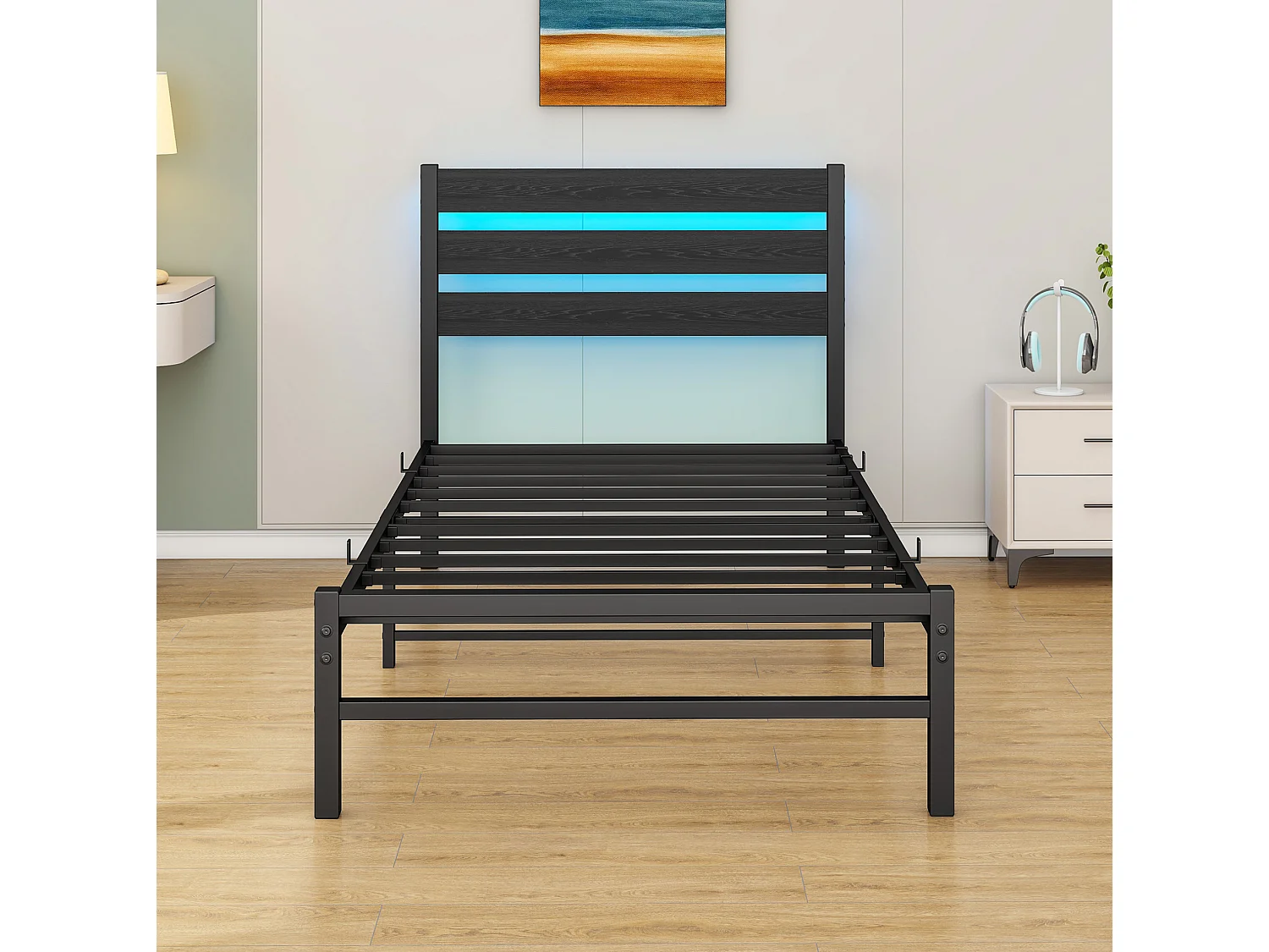 Lit simple 90x200 cm avec tête de lit, USB et LED - MDF et métal - Noir