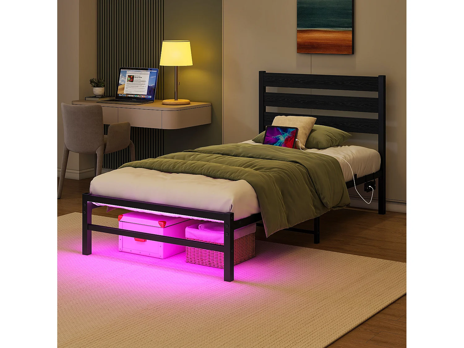 Lit simple 90x200 cm avec tête de lit, USB et LED - MDF et métal - Noir