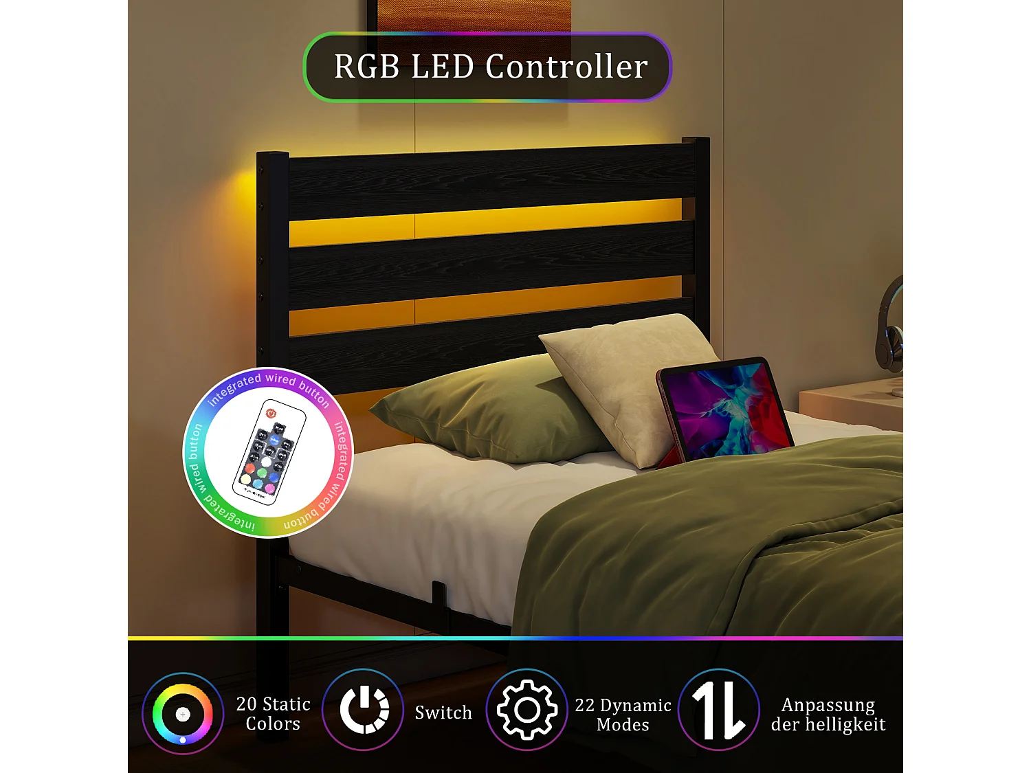 Lit simple 90x200 cm avec tête de lit, USB et LED - MDF et métal - Noir