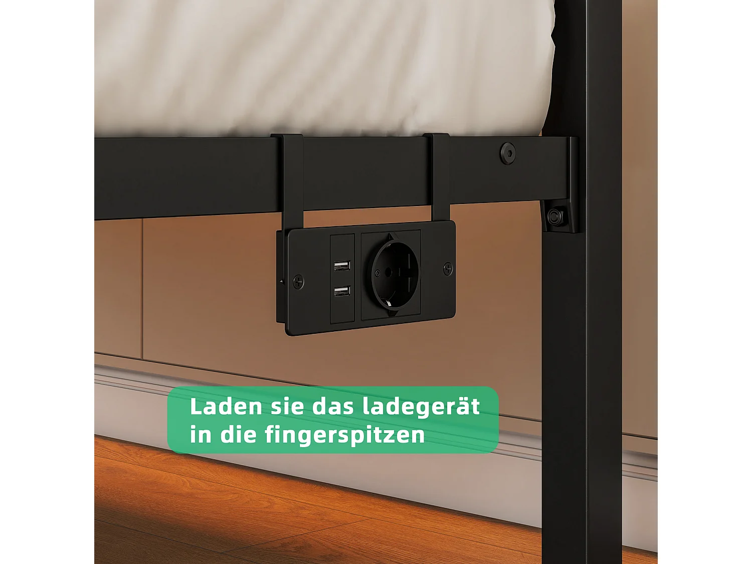 Lit simple 90x200 cm avec tête de lit, USB et LED - MDF et métal - Noir