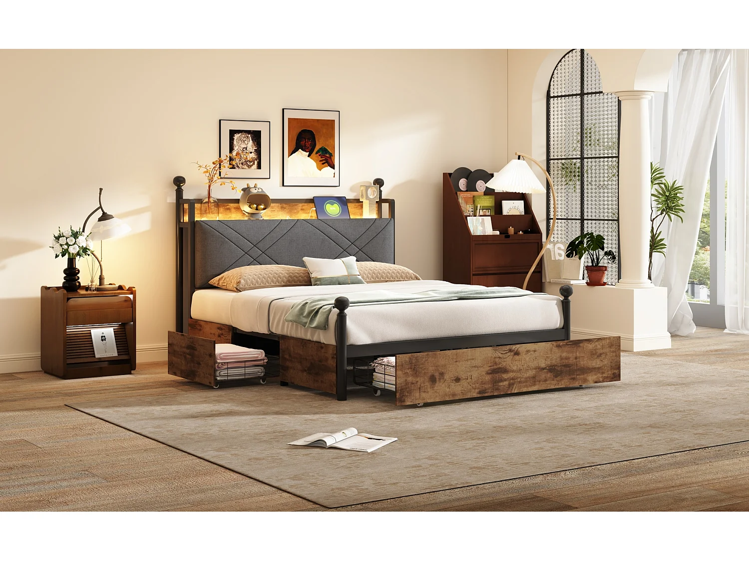 Lit adulte 140x190 cm avec baldaquin amovible, LED, USB/Type-C et 3 tiroirs - Noir et bois foncé