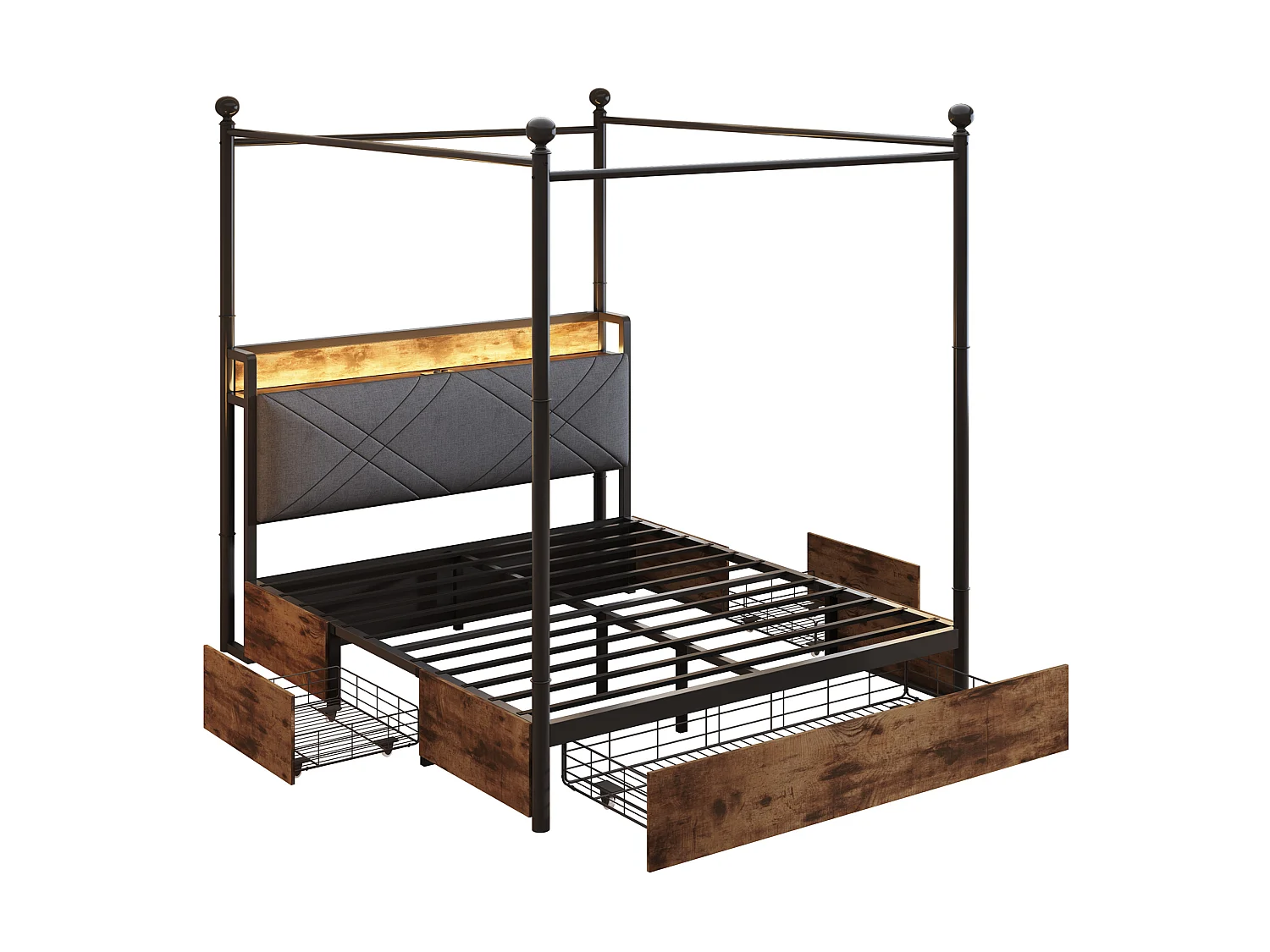 Lit adulte 140x190 cm avec baldaquin amovible, LED, USB/Type-C et 3 tiroirs - Noir et bois foncé