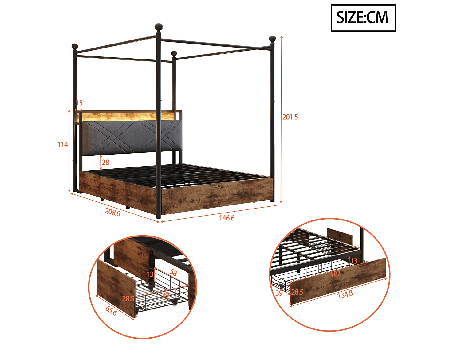 Lit adulte 140x190 cm avec baldaquin amovible, LED, USB/Type-C et 3 tiroirs - Noir et bois foncé