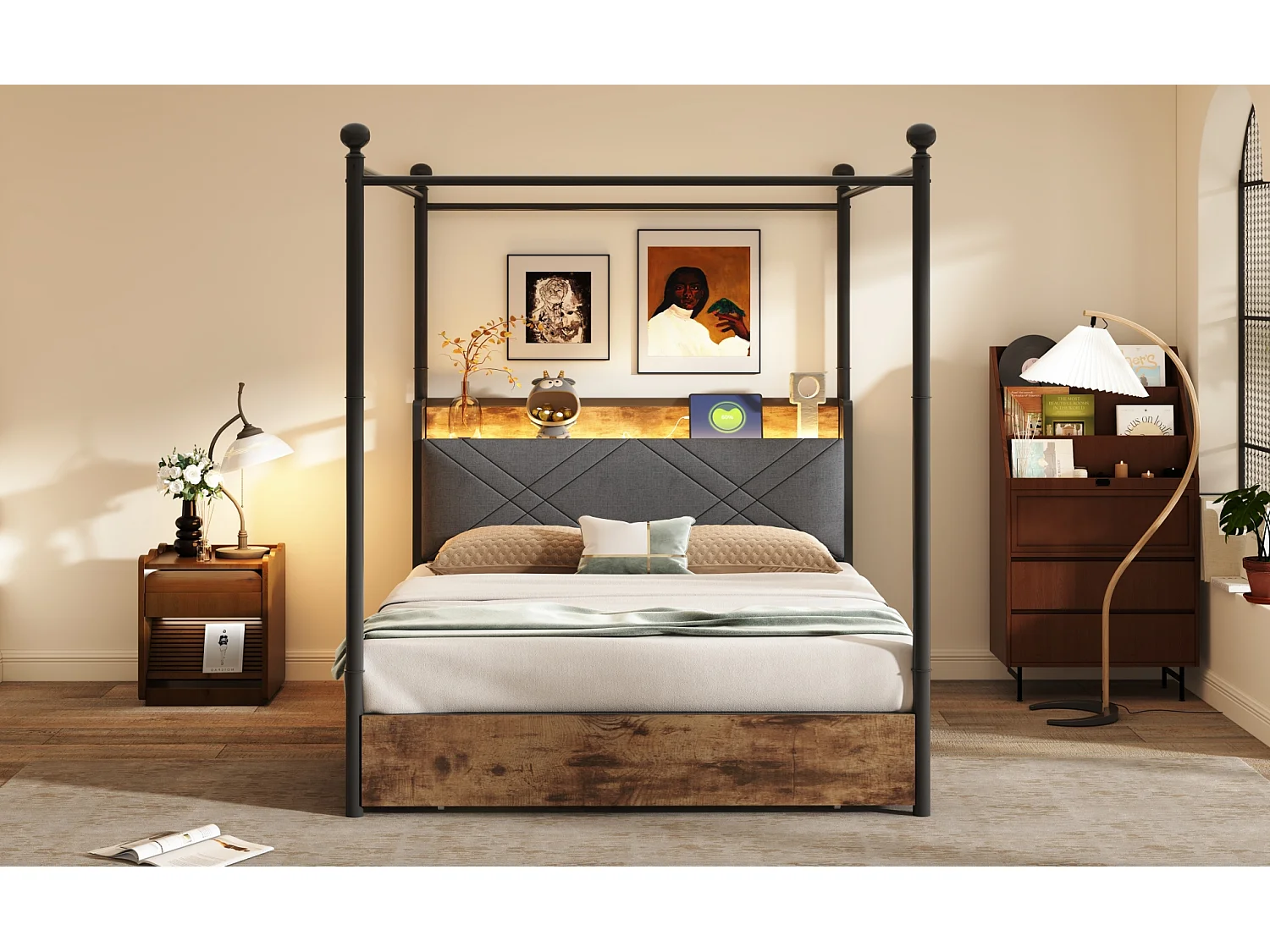Lit adulte 140x190 cm avec baldaquin amovible, LED, USB/Type-C et 3 tiroirs - Noir et bois foncé