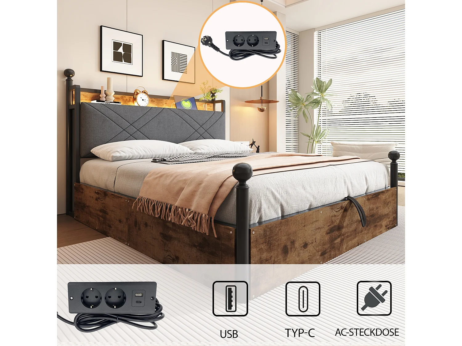 Lit adulte 140x190 cm avec baldaquin amovible, LED, USB/Type-C et 3 tiroirs - Noir et bois foncé