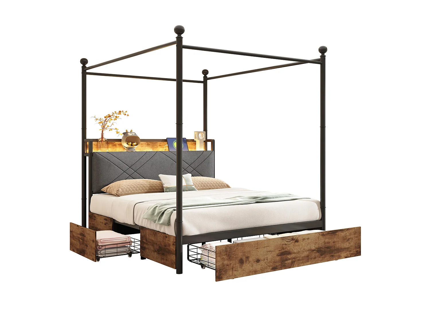 Lit adulte 140x190 cm avec baldaquin amovible, LED, USB/Type-C et 3 tiroirs - Noir et bois foncé