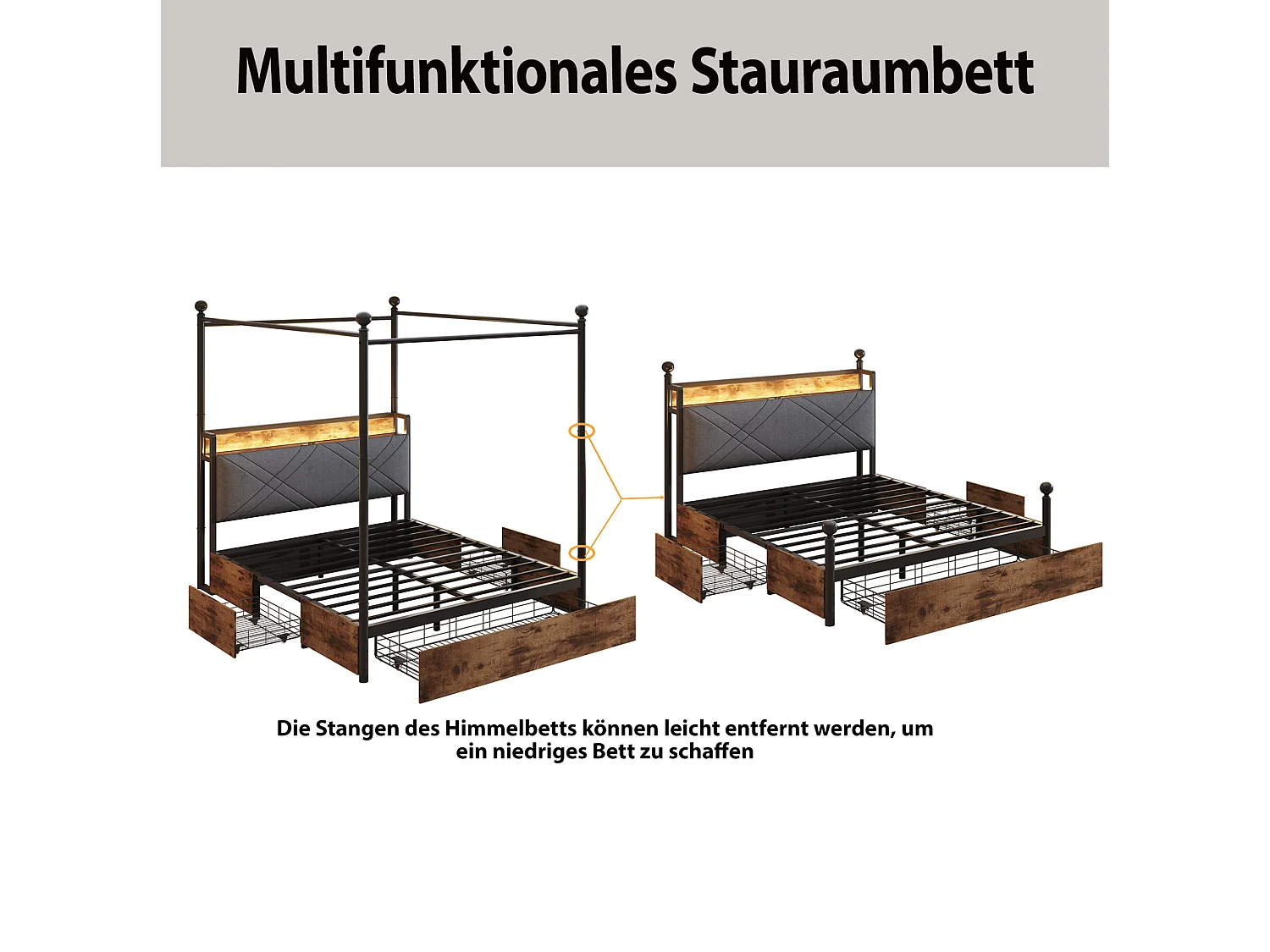 Lit adulte 140x190 cm avec baldaquin amovible, LED, USB/Type-C et 3 tiroirs - Noir et bois foncé