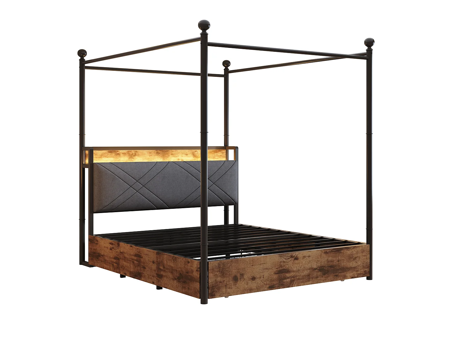 Lit adulte 140x190 cm avec baldaquin amovible, LED, USB/Type-C et 3 tiroirs - Noir et bois foncé