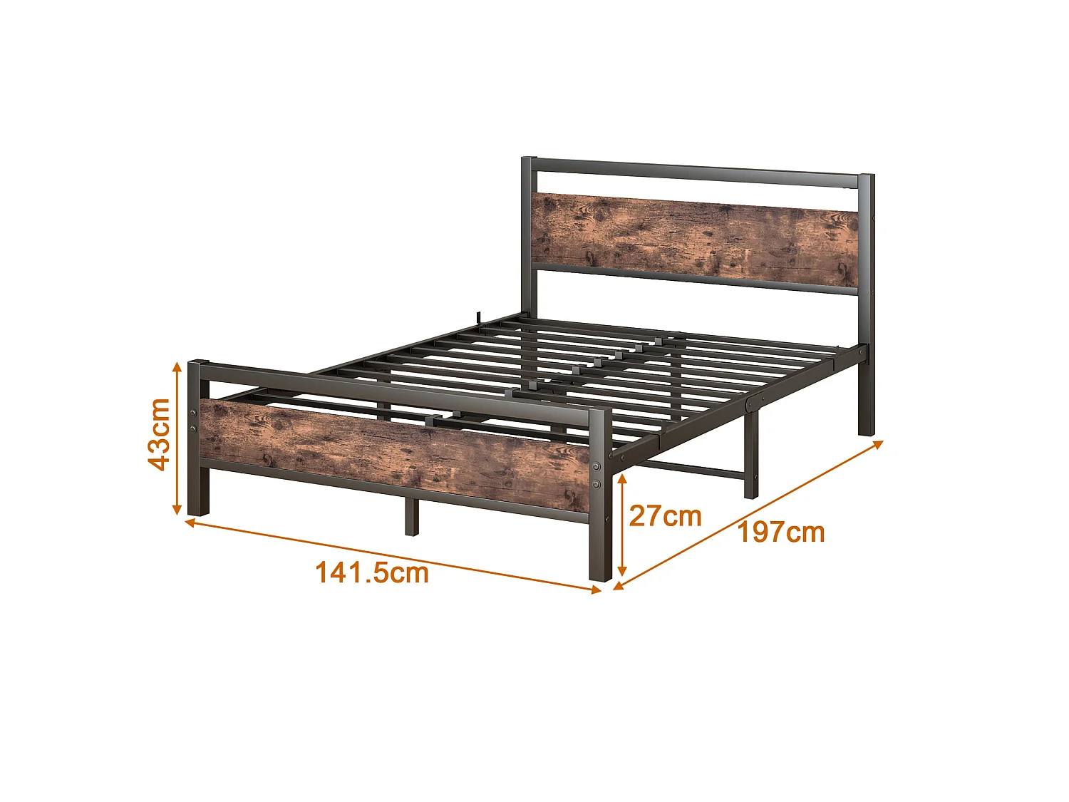 Lit adulte 140x190 cm en métal avec sommier à lattes - Marron