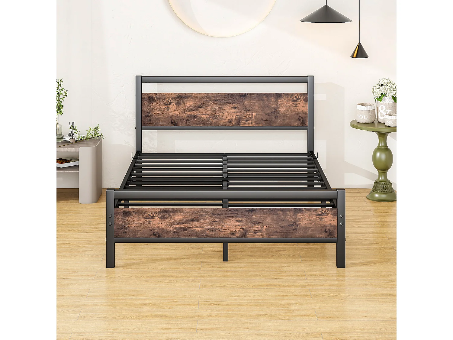 Lit adulte 140x190 cm en métal avec sommier à lattes - Marron