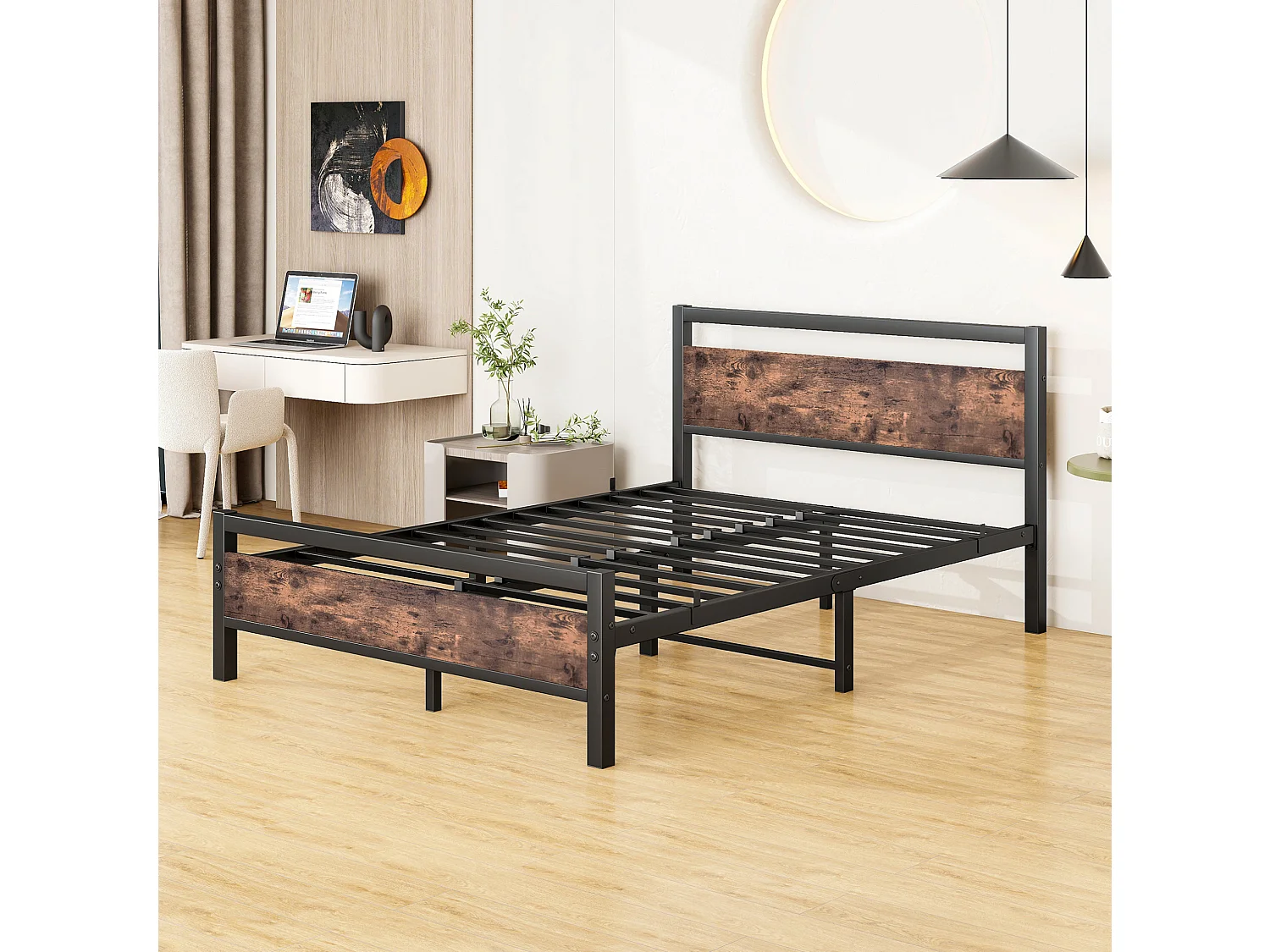 Lit adulte 140x190 cm en métal avec sommier à lattes - Marron