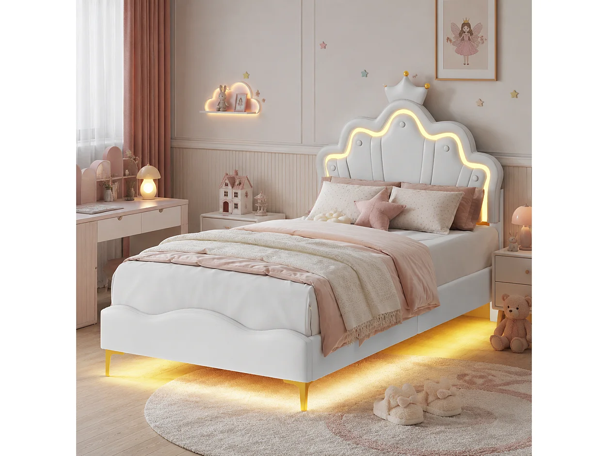 Lit Enfant Fille 90x190 cm, Lit Princesse avec LED, Tête de Lit Réglable en Hauteur en Forme de Couronne, pour Adolescent, Sommier à Lattes, PU, Blanc